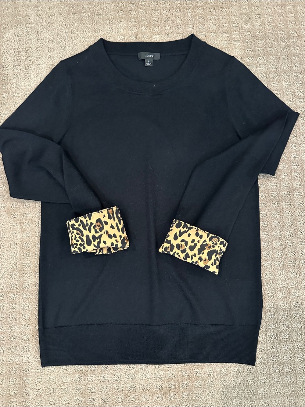 J. Crew Black Crewneck Sweater with Leopard-Print Cuffs